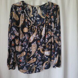 Lucky Brand BOHO Top Peasant Flowy XL blue Cotton Linen Paisley floral Women's